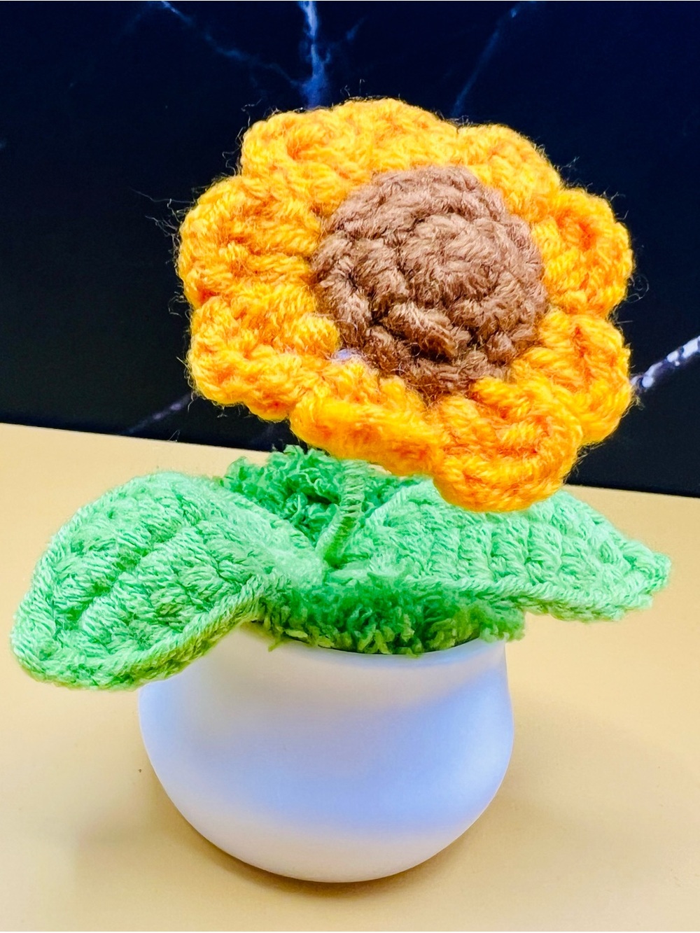 Handmade Crocheted Sunflower Decor โ Yellow & Brown with Green Leaves